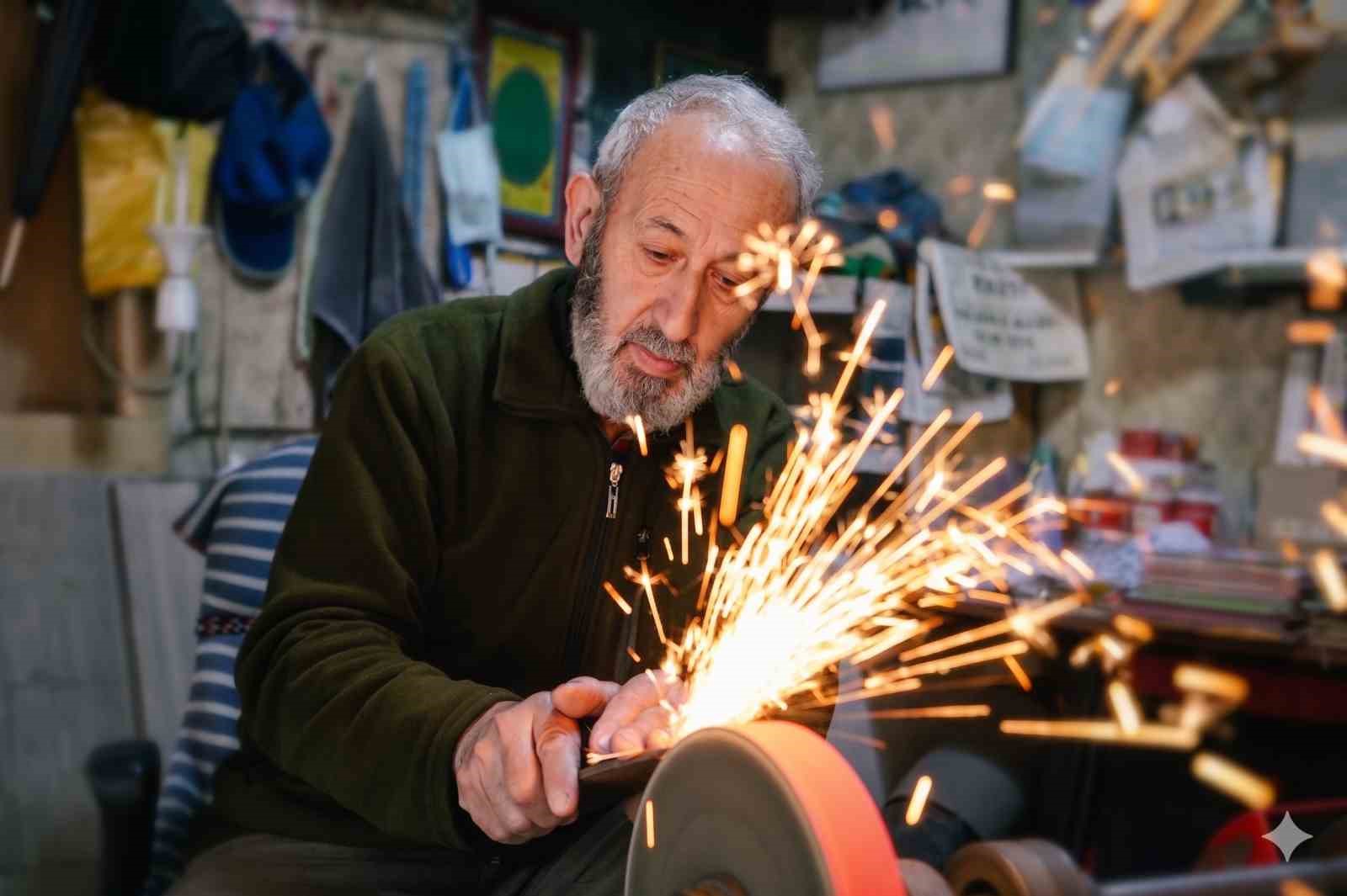 51 yıllık bıçak bileyicisi Kurban Bayramı mesaisine başladı
