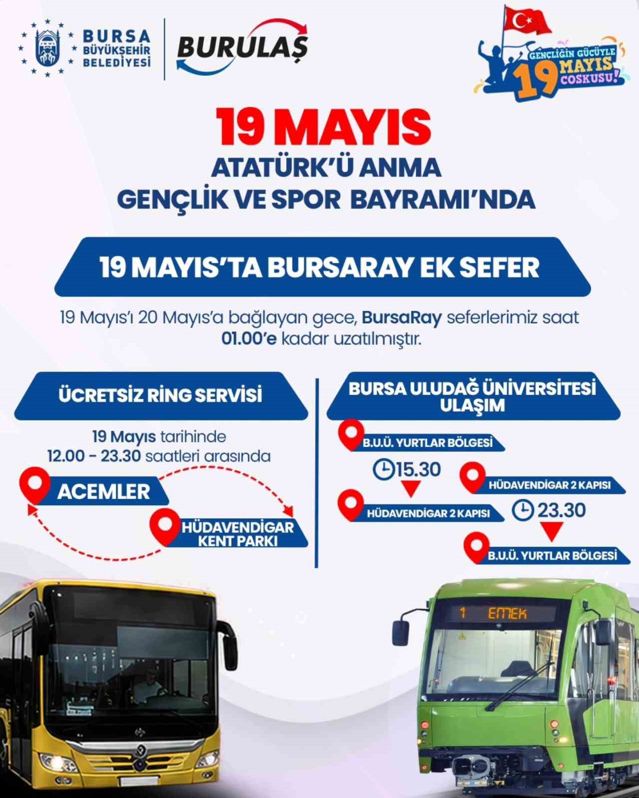 Bursa’da 19 Mayıs’ta ulaşım ücretsiz
