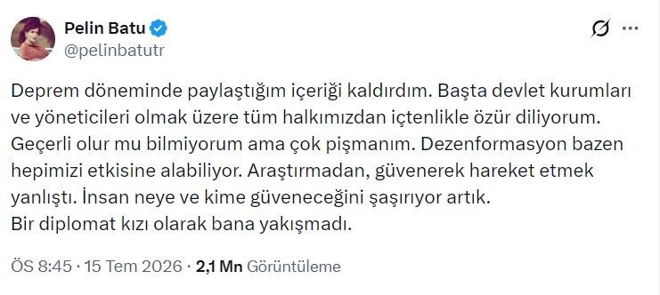 Deprem zamanında "Devlet yoktu" diye paylaşım yapan Pelin Batu özür diledi

