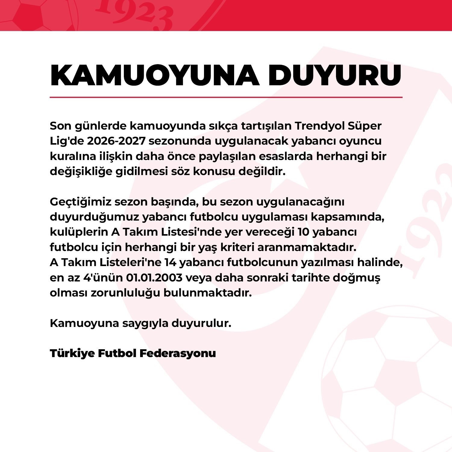 TFF, yeni sezonda yabancı kuralında değişiklik yapılmayacağını açıkladı
